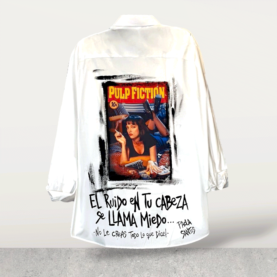 Camisa de popelina blanca pintada a mano – “El ruido en tu cabeza”