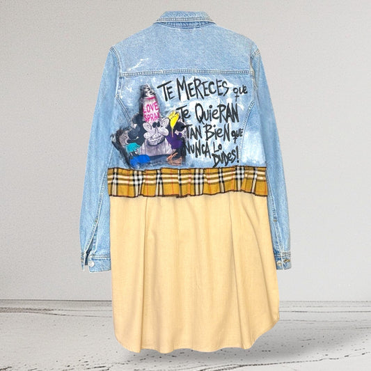 Campera intervenida “Amor que merecés” – Denim Arte Urbano