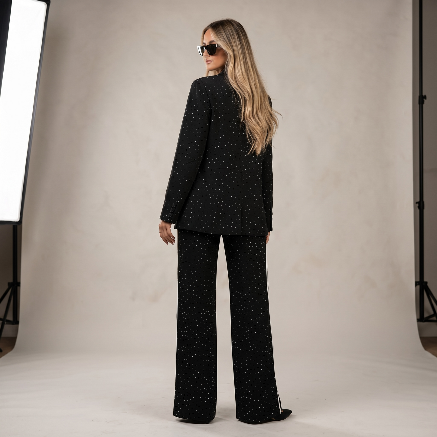Pantalón Wide Leg Negro con Brillos y Spandex | Paola Santos