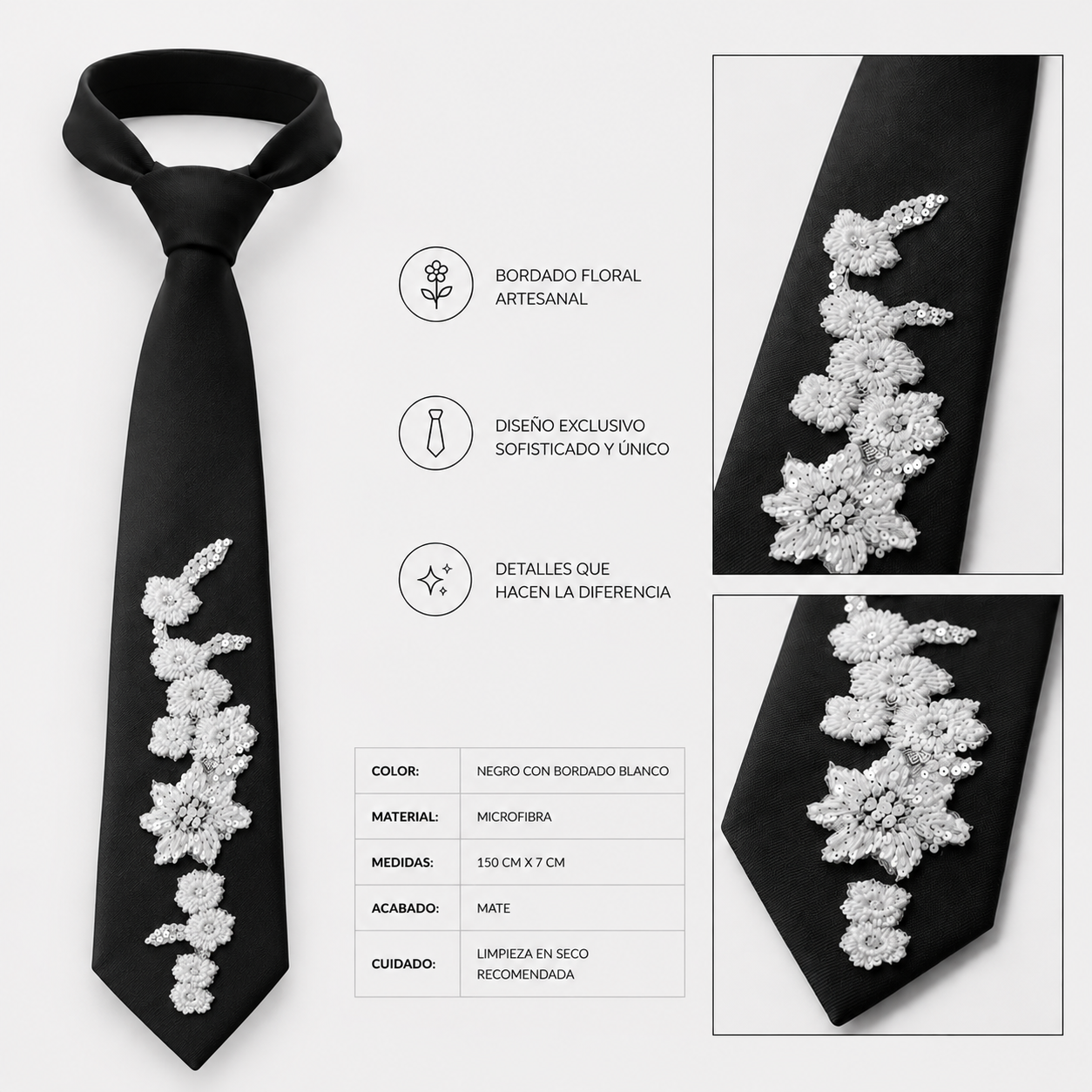 Corbata negra artesanal con bordado floral blanco realizado a mano. Diseño exclusivo de Paola Santos.