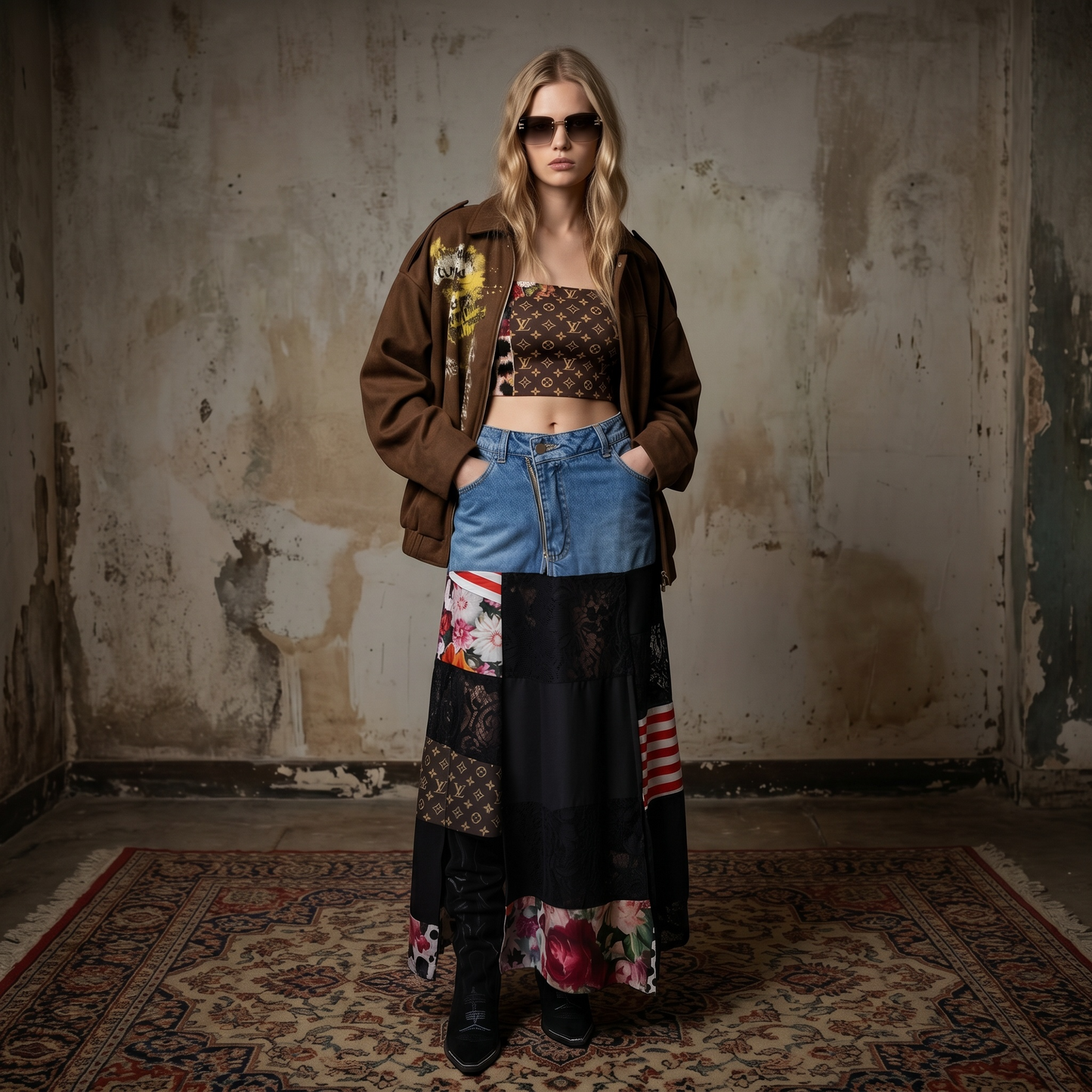 Falda larga de jean azul y encaje negro con paneles florales, estampados y detalles multicolor, diseño patchwork para mujer.