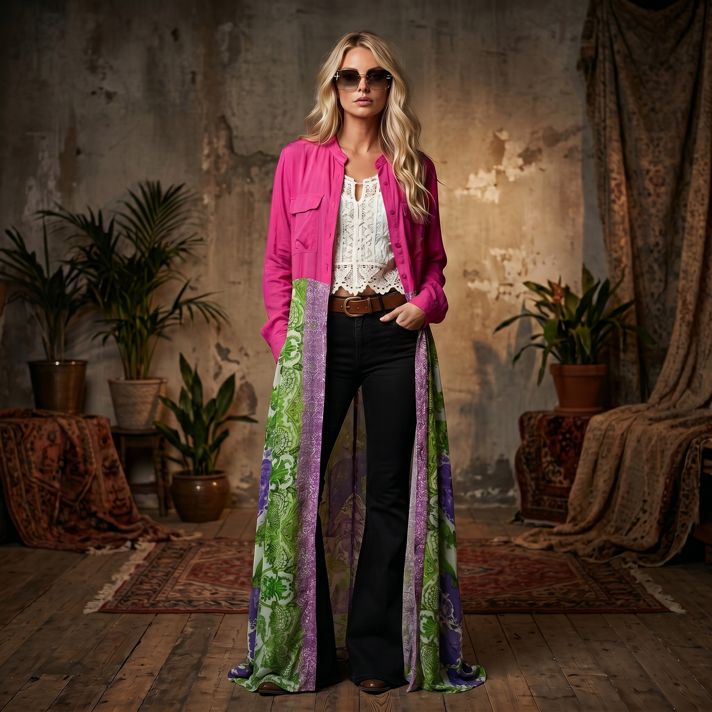 Kimono largo fucsia con parte inferior de gasa estampada en tonos verdes y lilas, prenda de mujer en liquidación Paola Santos.
