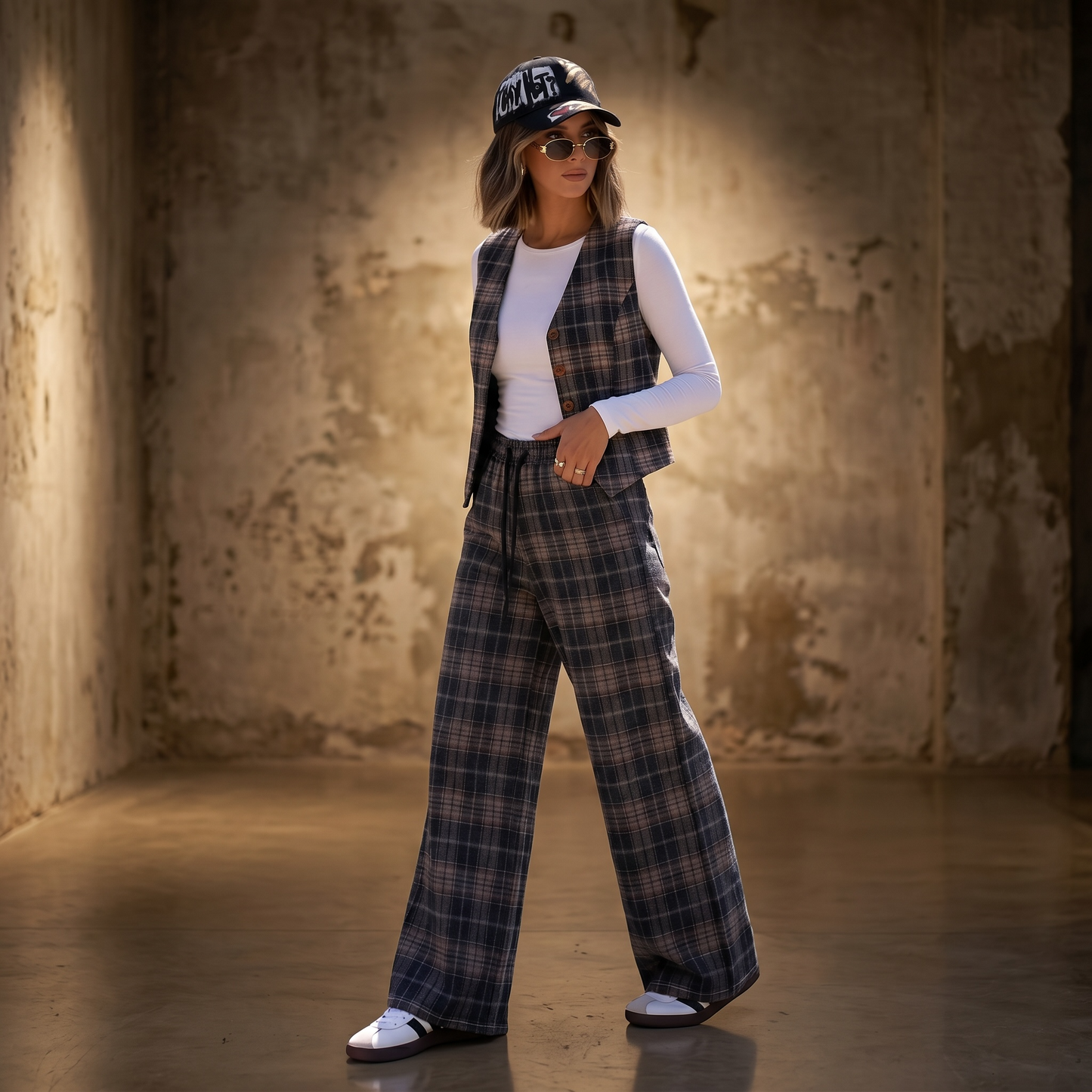 Pantalón palazzo de mujer con estampado escocés, pierna ancha y cintura elastizada con cordón, prenda en liquidación Paola Santos.