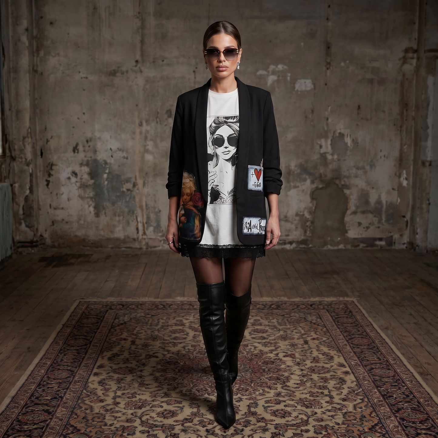 Remera oversize blanca para mujer con estampa gráfica en blanco y negro y terminación de encaje negro en el ruedo.