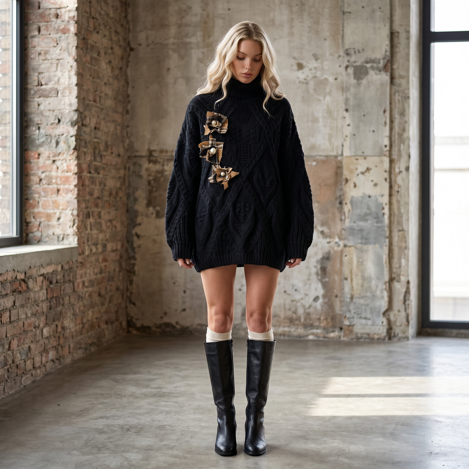 Colección Tejidos de Punto de Paola Santos con sweater oversize negro, prendas tejidas de estilo urbano y diseño contemporáneo.