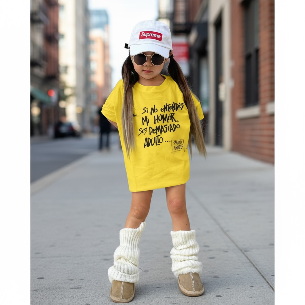 Remera kids amarilla 100% algodón – “Si no entendés mi humor, sos demasiado adulto”