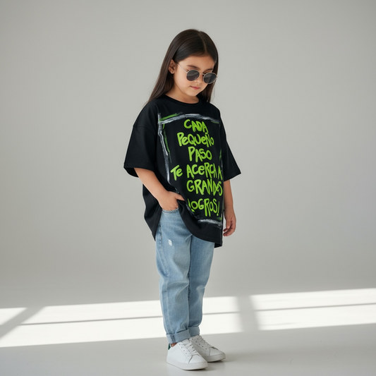 💚 Remera “Cada pequeño paso te acerca a grandes logros” – Kids