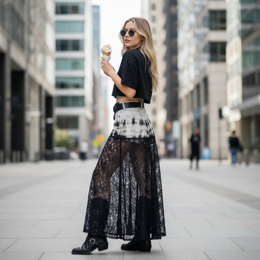 🖤 Falda Denim Gris + Encaje Negro Tie-Dye