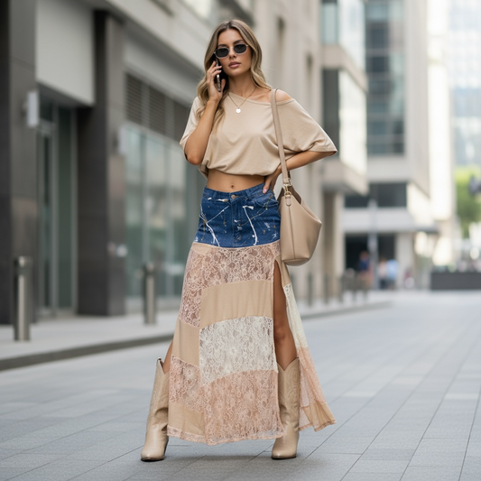 🤎 Falda Patch Nude + Denim con Encaje