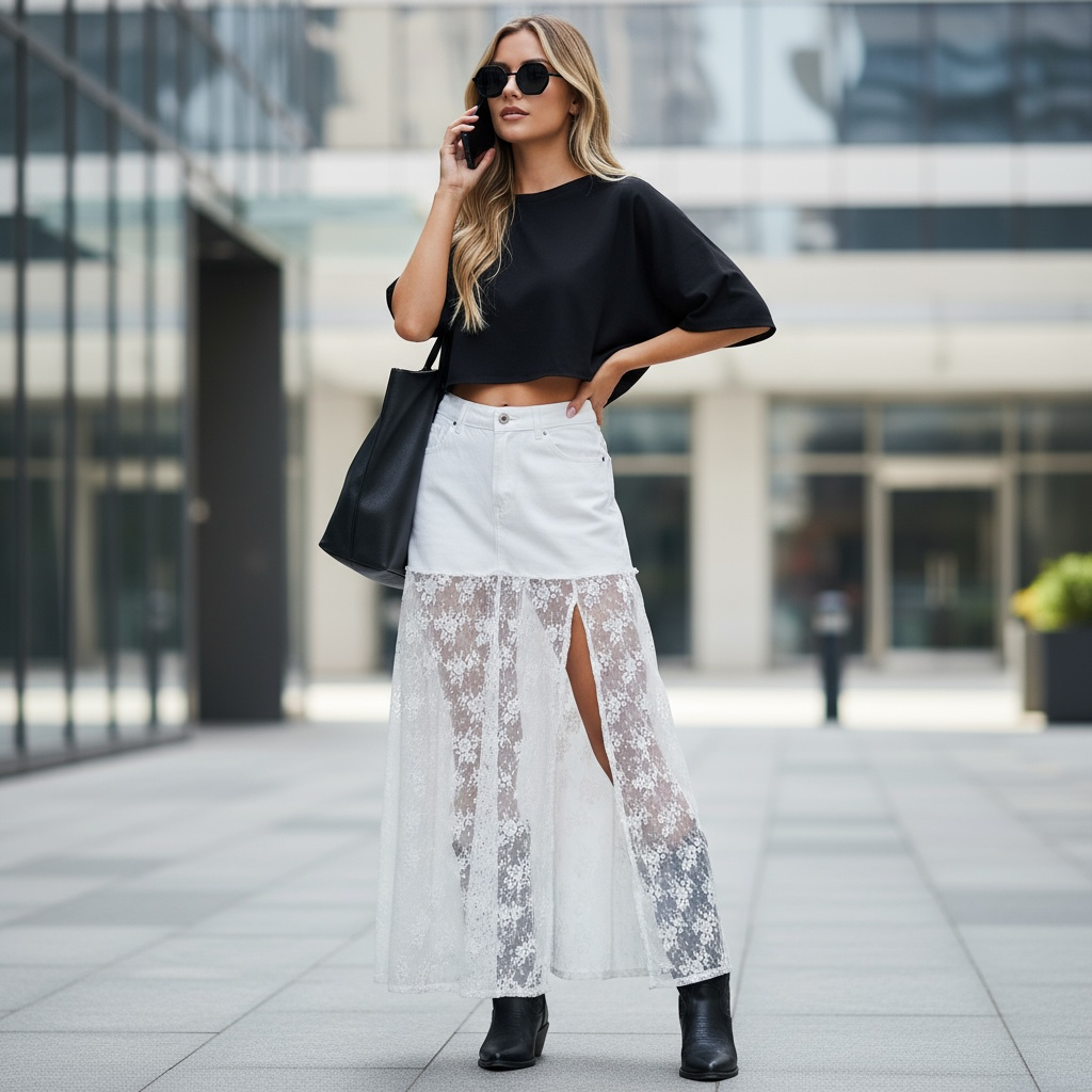 🤍 Falda Denim + Encaje Blanco