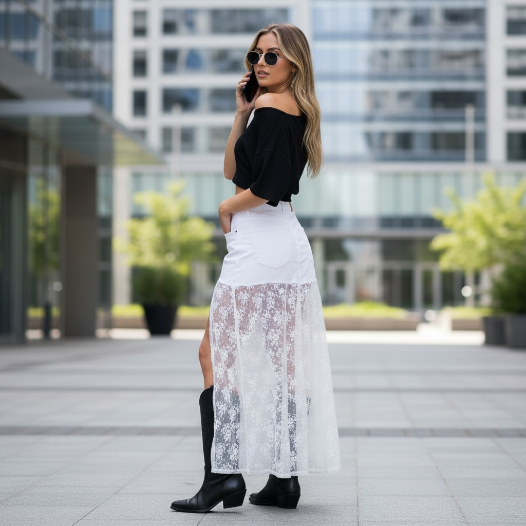 🤍 Falda Denim + Encaje Blanco