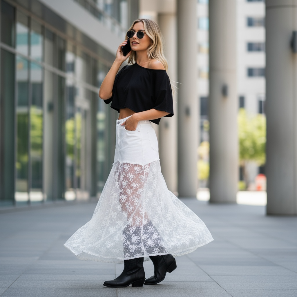 🤍 Falda Denim + Encaje Blanco