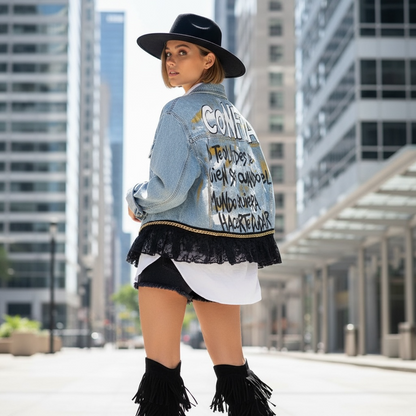 Campera intervenida Confía – Denim Arte Urbano con Encaje Negro