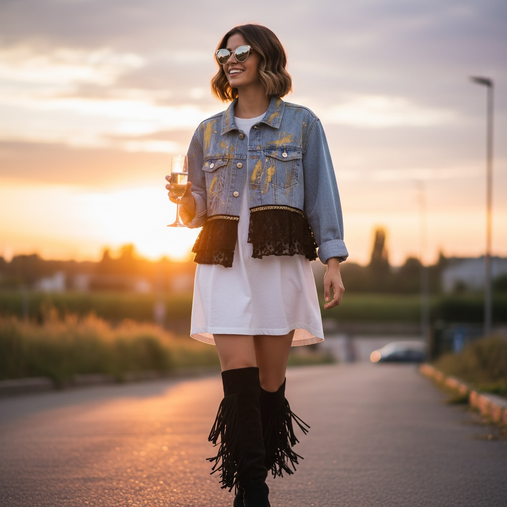 Campera intervenida Confía – Denim Arte Urbano con Encaje Negro