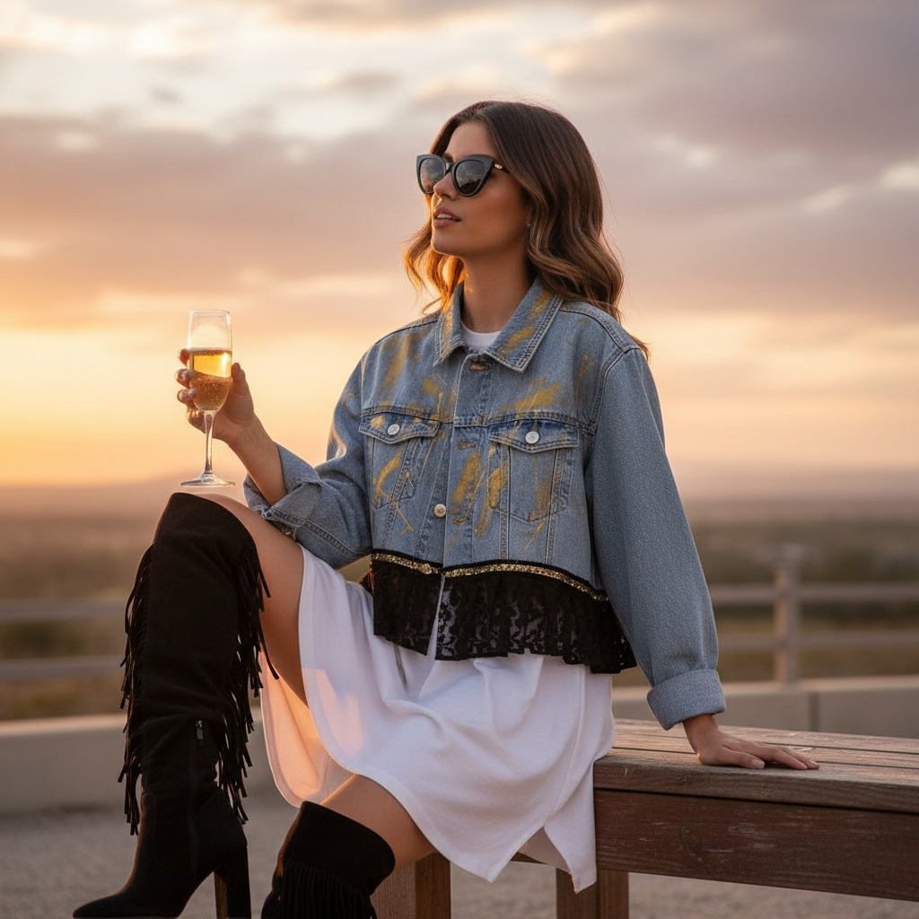 Campera intervenida Confía – Denim Arte Urbano con Encaje Negro