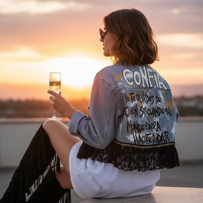 Campera intervenida Confía – Denim Arte Urbano con Encaje Negro