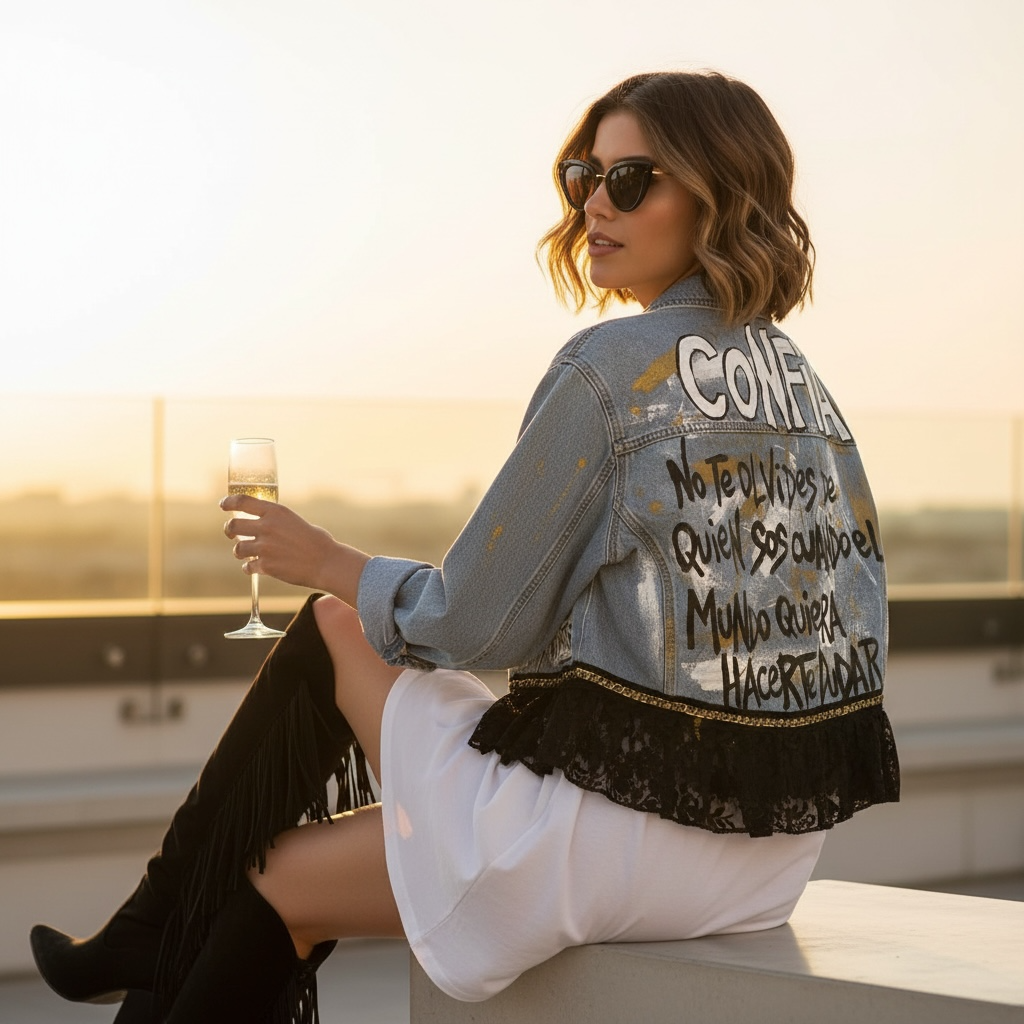 Campera intervenida Confía – Denim Arte Urbano con Encaje Negro