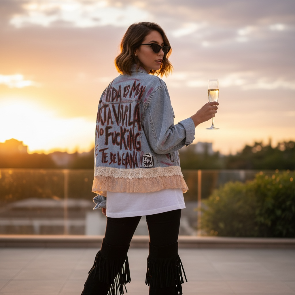 Campera intervenida “Vivila como se te dé la gana” – Denim + Encaje