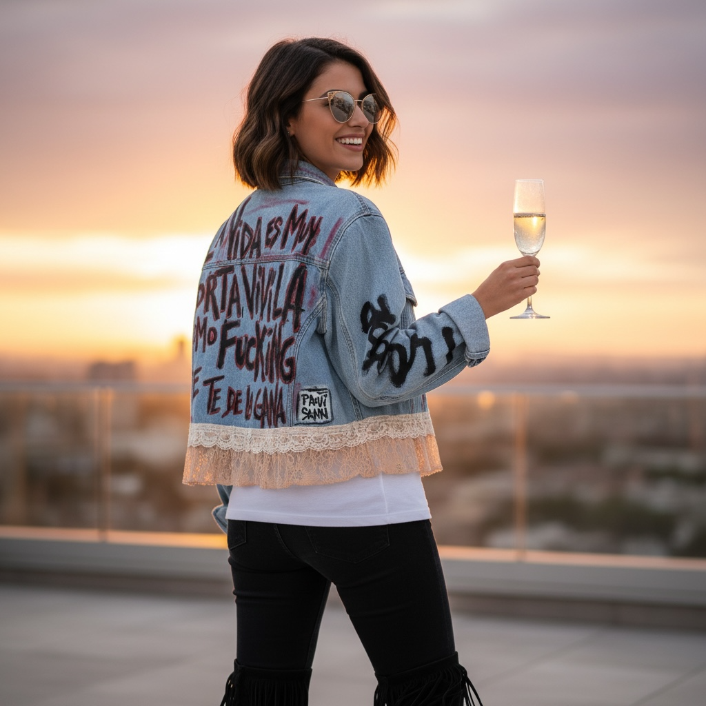 Campera intervenida “Vivila como se te dé la gana” – Denim + Encaje