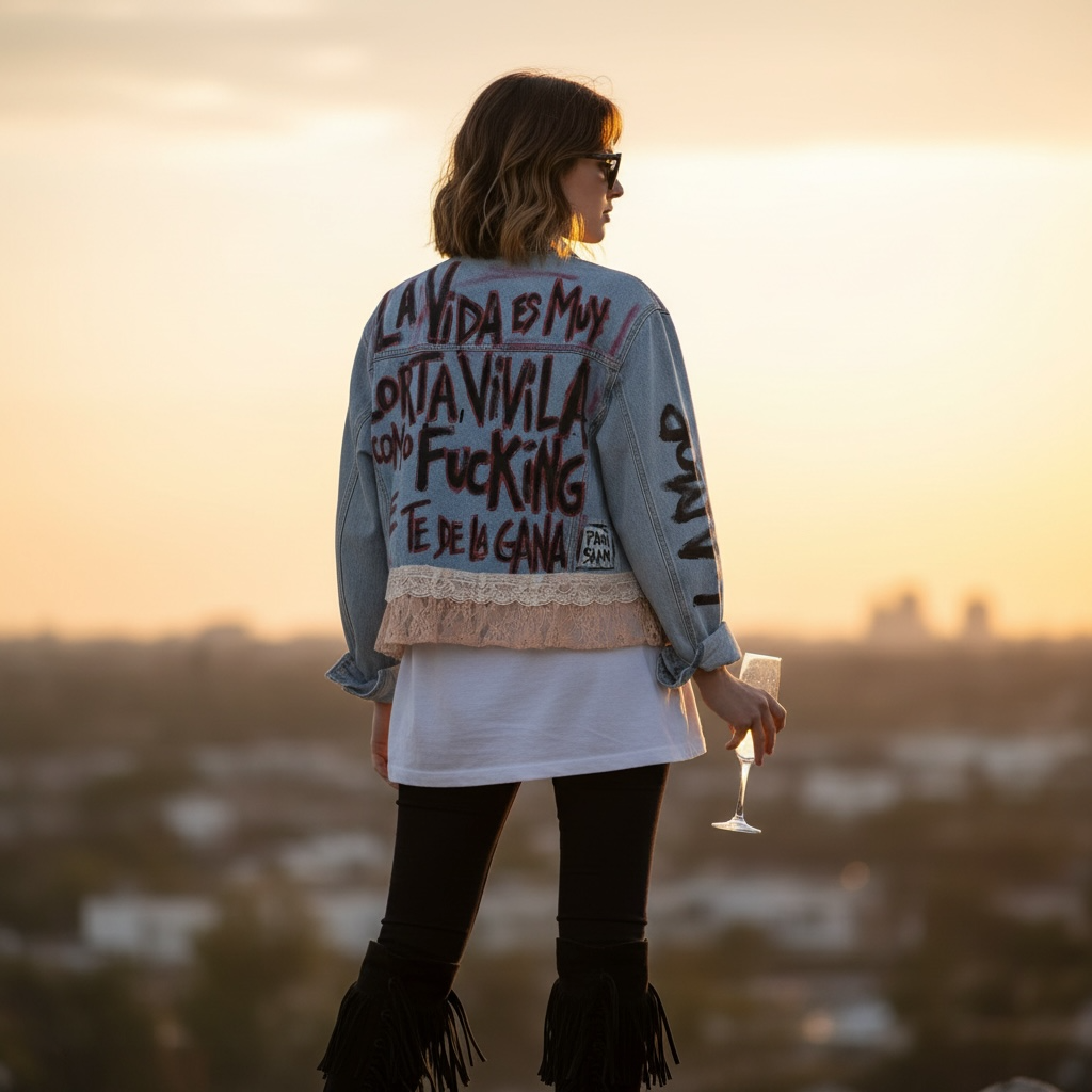 Campera intervenida “Vivila como se te dé la gana” – Denim + Encaje
