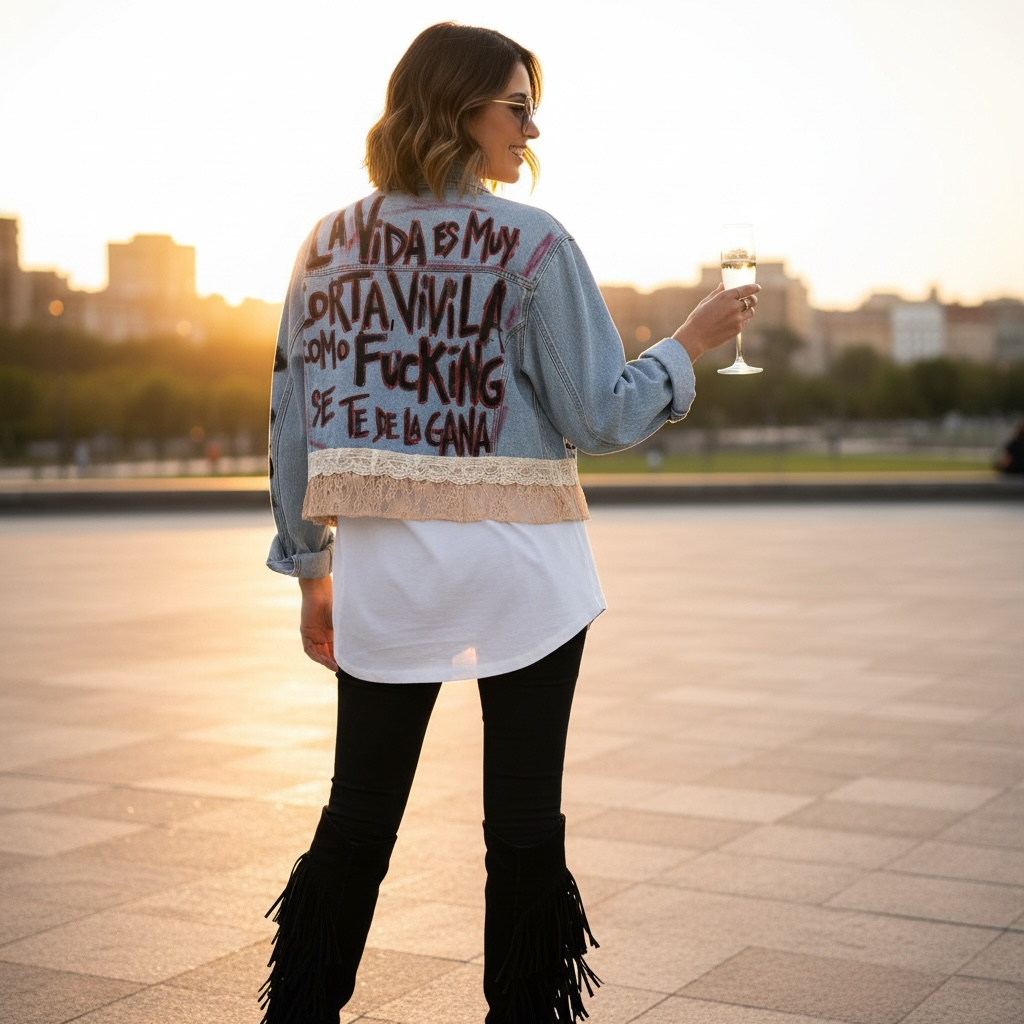 Campera intervenida “Vivila como se te dé la gana” – Denim + Encaje