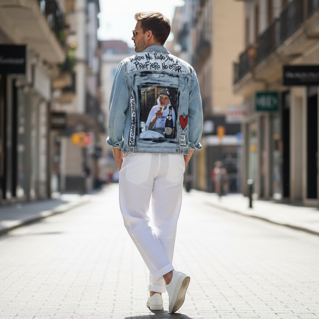 Campera Denim Intervenida "Dónde no puedo ser yo, prefiero no estar"