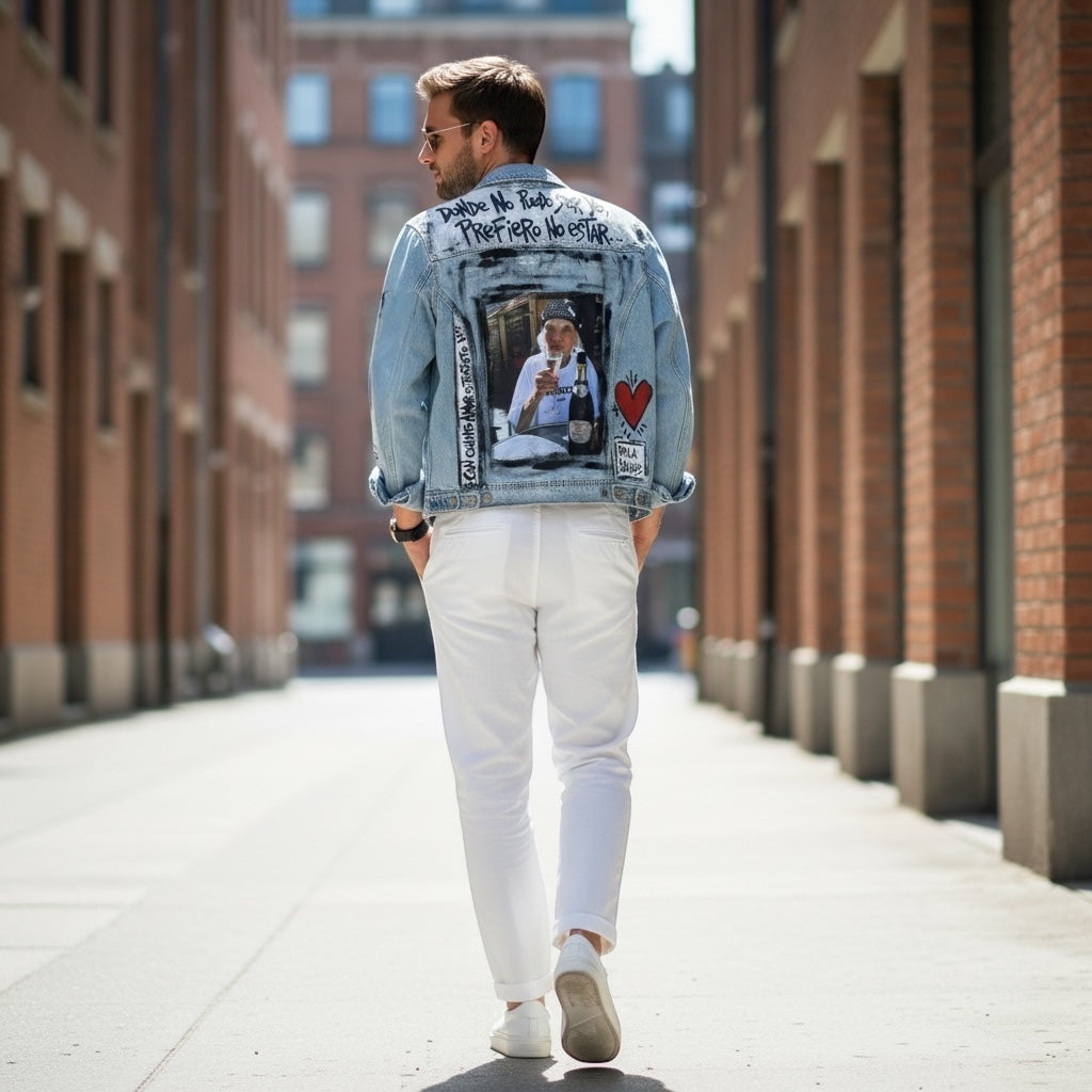 Campera Denim Intervenida "Dónde no puedo ser yo, prefiero no estar"