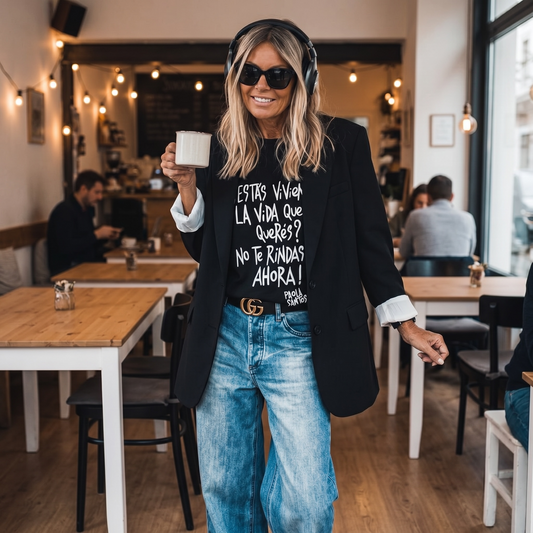 Remera oversize 100% algodón "Estás viviendo la vida que querés? No te rindas ahora"