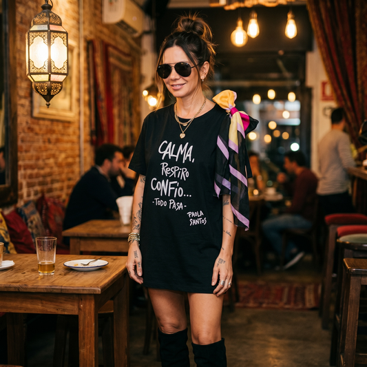 Remera oversize con aplique, 100% algodón "Calma, respiro, confío... Todo pasa"