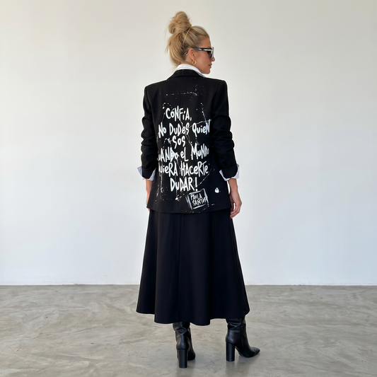 Blazer negro sastrero "No dudes quién sos cuando el mundo quiera hacerte dudar"