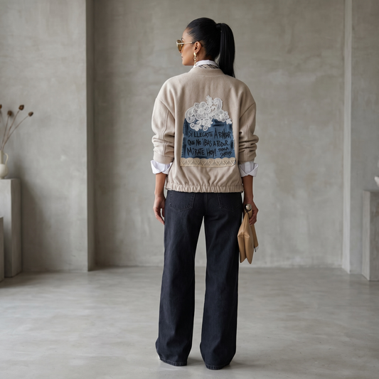 Campera intervenida con detalle de encaje y jean "Si llegaste a pensar que no ibas a poder, mirate hoy"