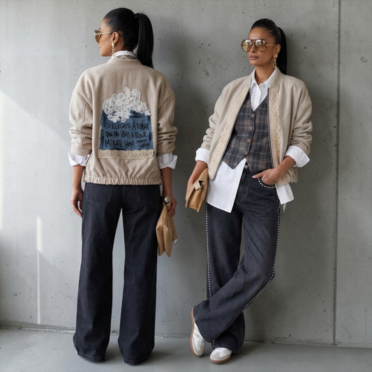 Campera intervenida con detalle de encaje y jean "Si llegaste a pensar que no ibas a poder, mirate hoy"