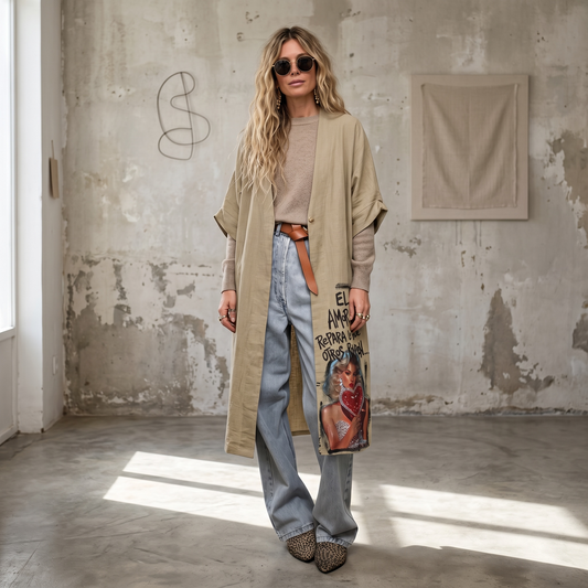 Sobrecamisa estilo kimono intervenida "El amor repara lo que otros rompen"