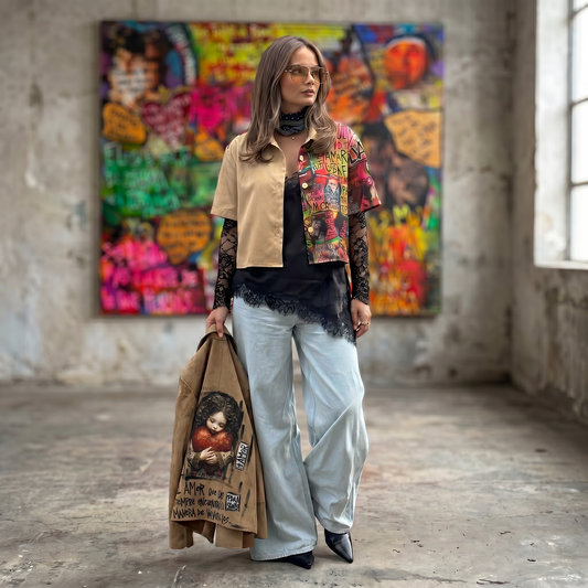 Camisa cropped intervenida con cuadros Paola Santos