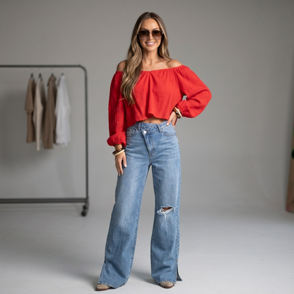 Blusa Boho Roja con Hombros Descubiertos – Pieza Única