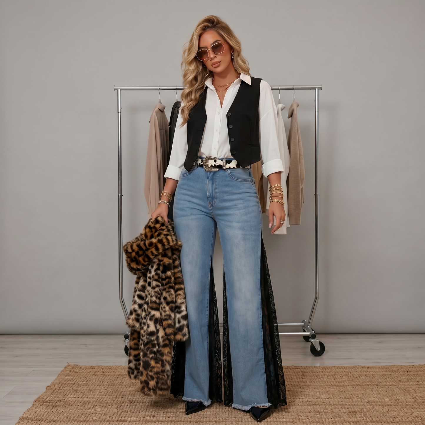 Jean oxford celeste con alto contenido de spandex, tiro alto y calce adaptable del M al XL, diseño exclusivo de Paola Santos.