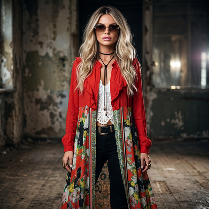 Kimono Largo Rojo con Gasa Estampada