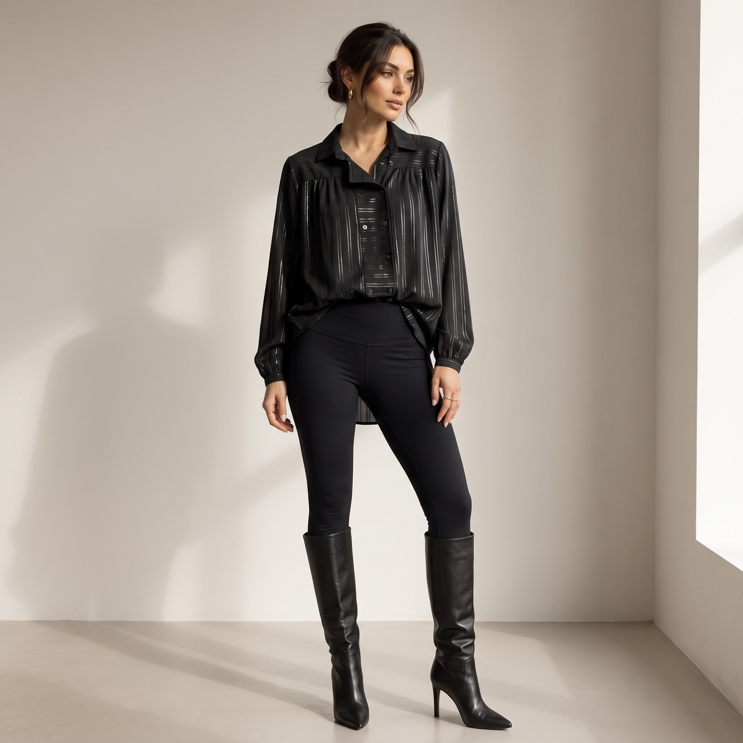 Camisa negra rayada de mujer con líneas metalizadas y calce amplio.