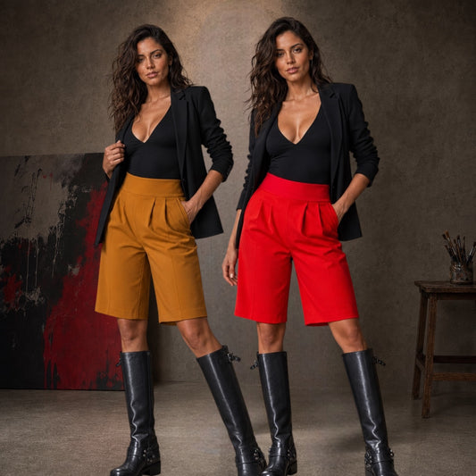Bermuda sastrera de punto crepé elastizado, tiro alto, faja ancha y pinzas delanteras, disponible en mostaza y rojo.