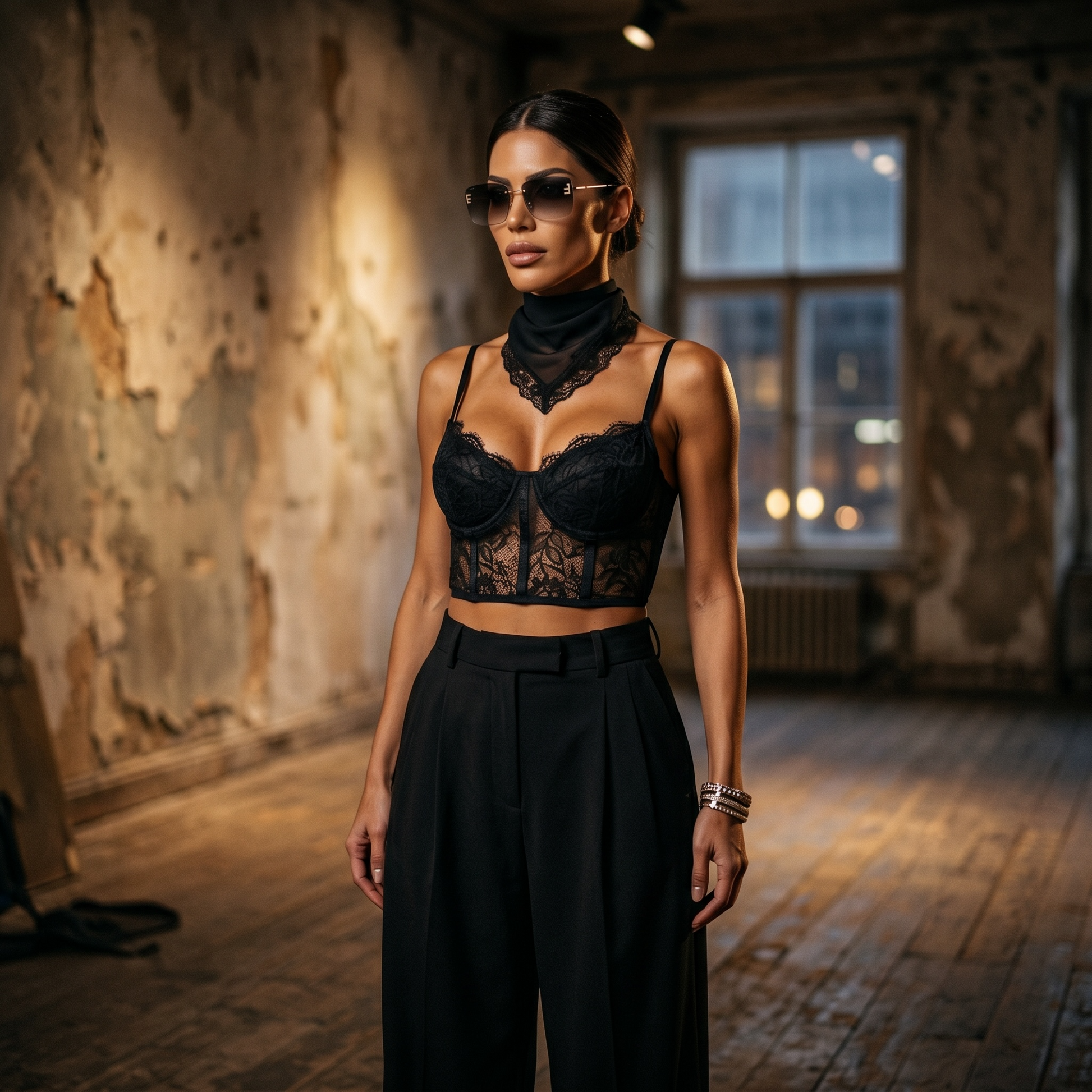 Bralette negro de encaje semitransparente estilo corset para mujer, última unidad en liquidación de Paola Santos.