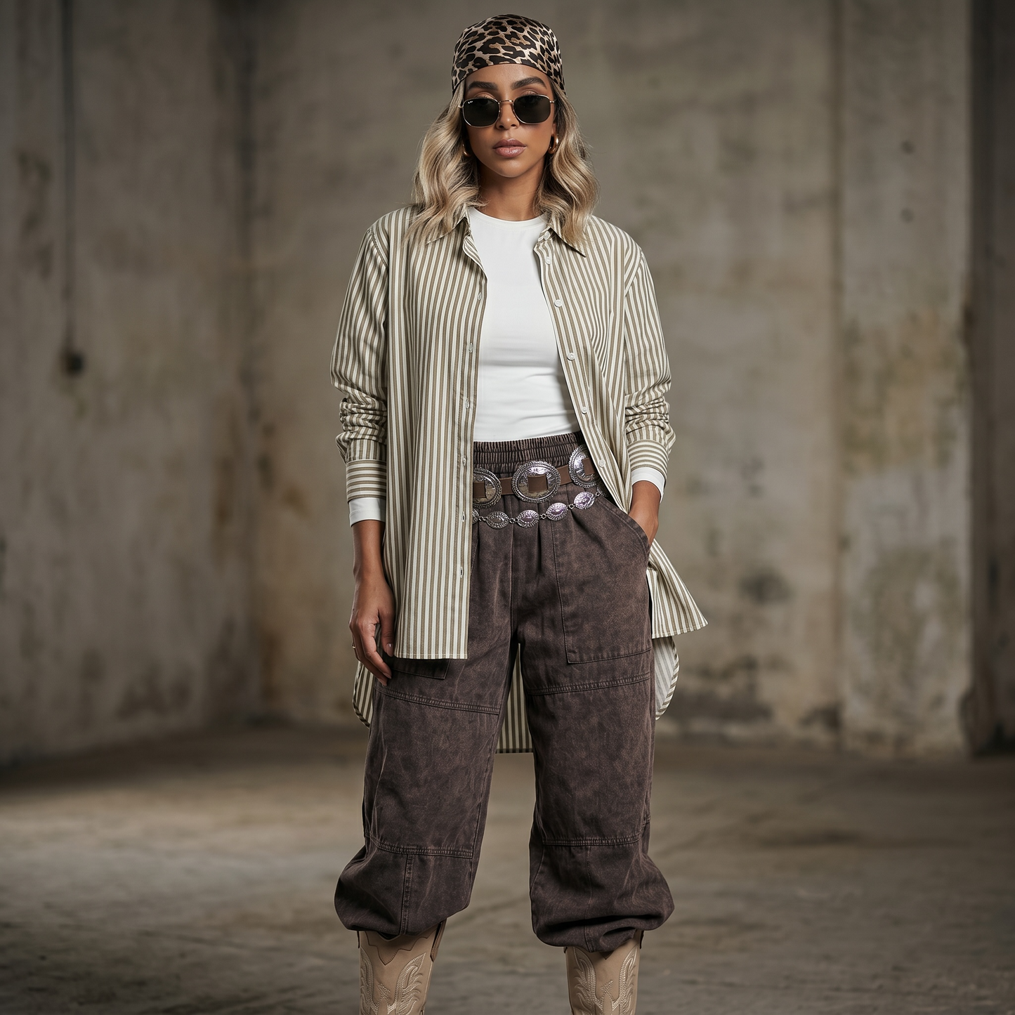 Camisa oversize larga a rayas verticales en tonos arena y crudo, prenda de mujer en liquidación Paola Santos.