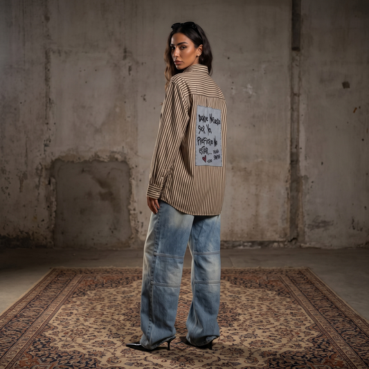 Camisa beige con rayas marrones Paola Santos y aplique posterior con frase Donde no puedo ser yo, prefiero no estar.