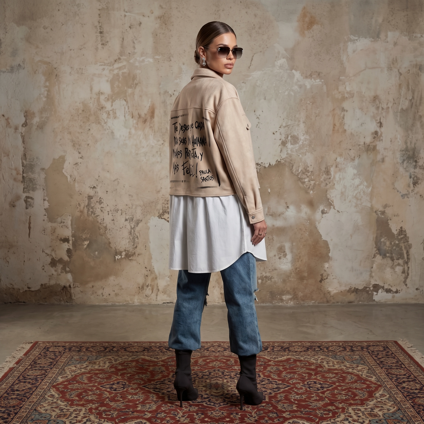 Campera corta beige para mujer con calce amplio, bolsillos frontales e intervención artística con frase en la espalda.