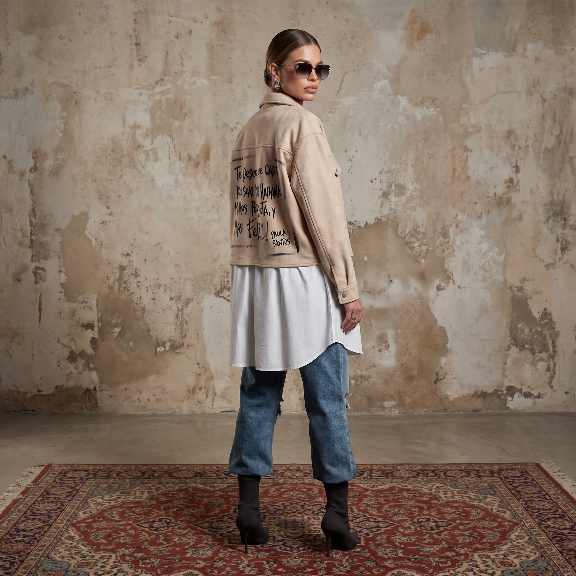 Campera corta beige para mujer con calce amplio, bolsillos frontales e intervención artística con frase en la espalda.