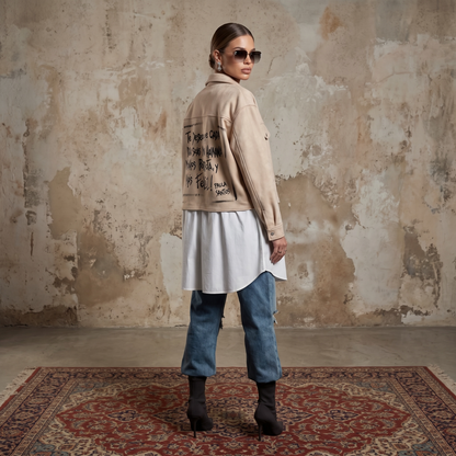 Campera corta beige para mujer con calce amplio, bolsillos frontales e intervención artística con frase en la espalda.