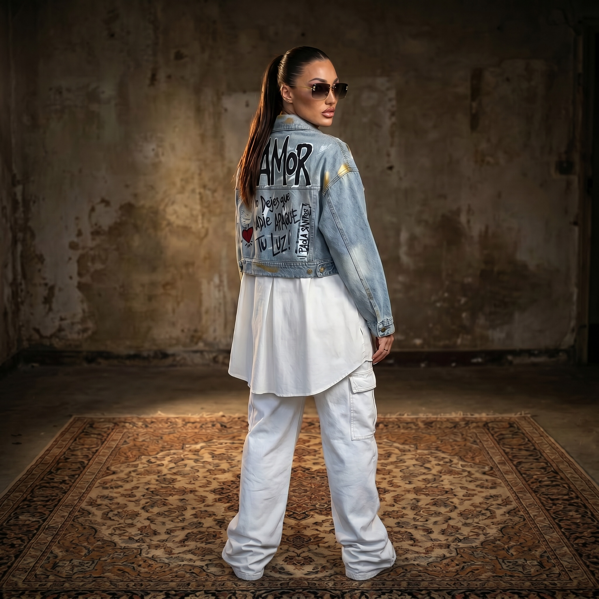 Campera de jean celeste para mujer combinada con aplique largo de sobrecamisa en lino crudo e intervención artística en la espalda.