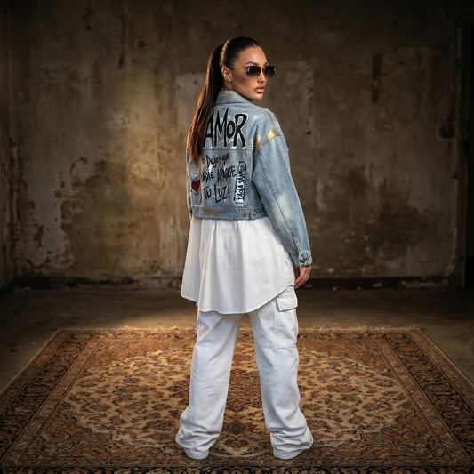 Campera de jean celeste para mujer combinada con aplique largo de sobrecamisa en lino crudo e intervención artística en la espalda.