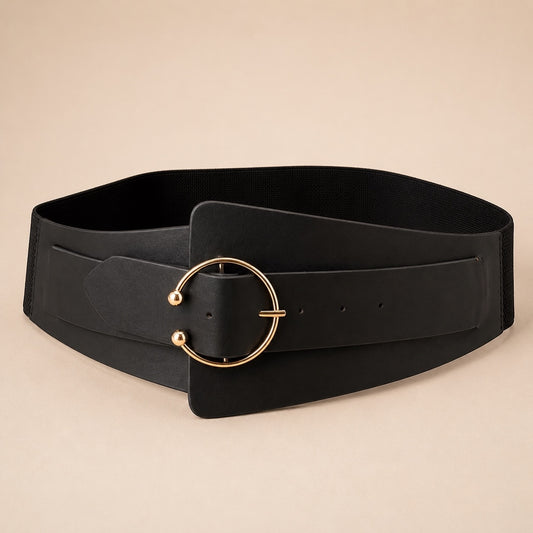 Cinto ancho negro con frente en simil cuero, espalda elastizada y hebilla circular plateada, ideal para marcar la cintura con comodidad y estilo.