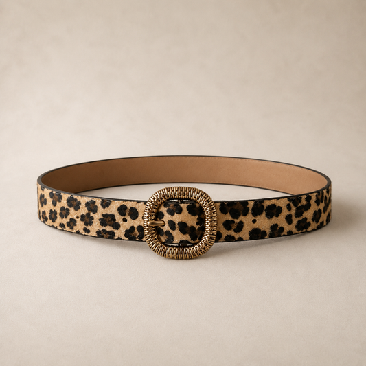 Cinto fino animal print con estampado floral en tonos beige y negro, con hebilla metálica redonda color dorado.