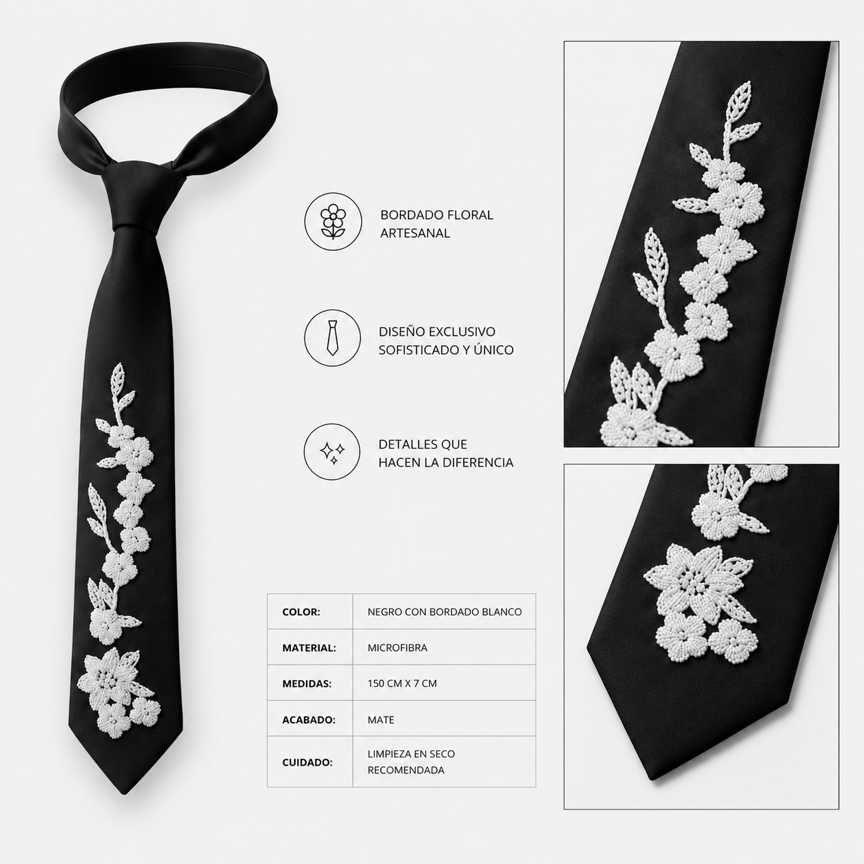 Corbata negra artesanal con bordado floral blanco realizado a mano. Diseño exclusivo de Paola Santos.